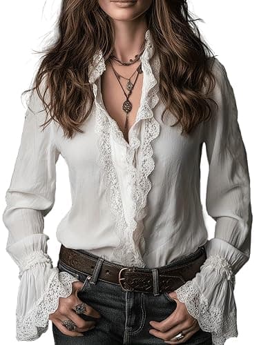 Pinclodly Women's Vintage Ruffle Lace Trim Blouse Elegant Button Down Long Sleeve Collared Shirts Dressy Casual Work Tops - Image 1