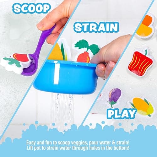 Tub Works® Tub Soup™ Scoop, Strain & Play Toddler Bath Toy | Floating Foam Veggies, Ladle for Scooping & Soup Pot for Straining | Pretend Play Cooking Kids Bath Toys | Creative Bathtub Toys thumbnail 4