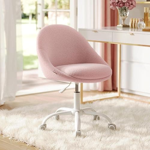 VASAGLE Vanity Chair with Lumbar Support, Adjustable Swivel Armless Desk Chair, Teddy Fleece, Compact for Small Spaces, Bedroom, Jelly Pink UOBG020R93 - Image 1