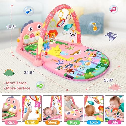UMIKU Baby Play Mat Baby Tummy Time Mat Activity Center for Newborn Infant Piano Play Gym Mat Music & Light Babies Gifts Boy Girl for Babies 0-6 6-12 Months, Pink Dinosaur thumbnail 5