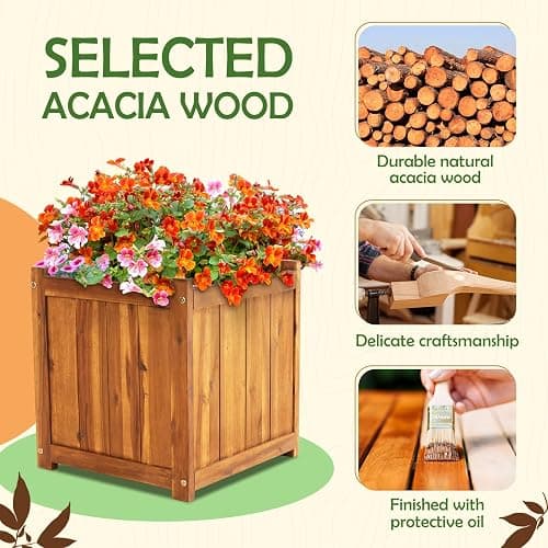Idzo Set of 2 Hardwood Outdoor Flower Box, Durable Acacia Wood Flower Boxes for Outdoor Plants with Ergonomic Handles, Drainage Holes, Multiple Sizes Wood Bucket Planter for Home Décor thumbnail 3