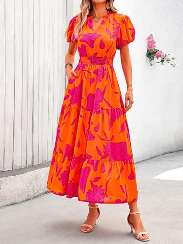 MASCOMODA Summer Maxi Dresses for Women 2025 Casual V Neck Puff Short Sleeve Smocked Flowy Beach Boho Long Floral Dress thumbnail 2