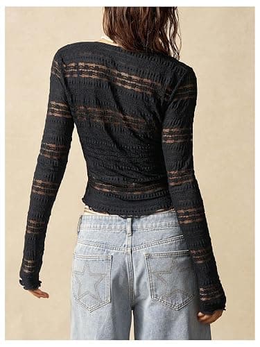 SOLY HUX Women's Button Down Lace Sheer Blouse Long Sleeve V Neck Shirt Tops Coquette Aesthetic Clothes thumbnail 2