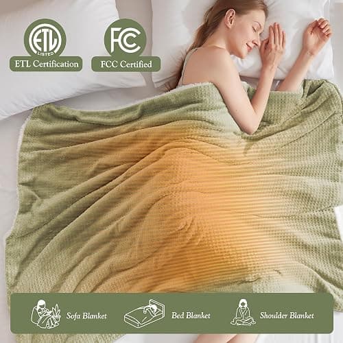 ACCU-WARMTH Cozy Heated Blanket Waffle Throw Size - Fast Warming Electric Throw Blanket with 6 Heat Settings & 4 Hours Auto-Off, Ideal Gift for Her, 50"x60", Sage Green thumbnail 5