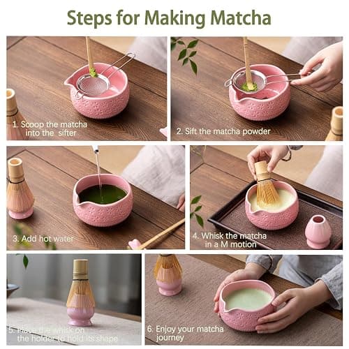 Buucup Matcha Whisk Set, Ceramic Matcha Kit Set Includes Matcha Bowl, Matcha Whisk and Holder, Bamboo Scoop, Scoop Rest, Sifter and Tea Towel - 7 Pcs Matcha Kit for Matcha Lovers (Pink) thumbnail 7