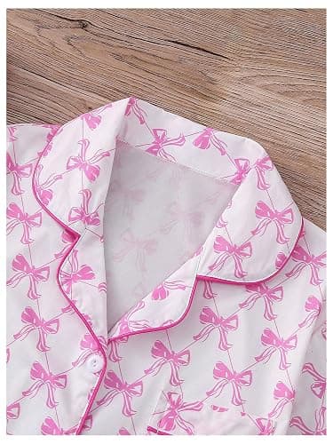 RoseSeek Women's Bow Pajamas Sets Short Sleeve Button Down Pajamas Y2k Preppy Cute PJ Set Sleepwear thumbnail 4