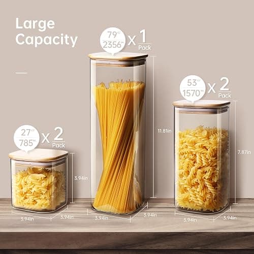 HomArtist Square Glass Jars with Bamboo Lids [Muti Size Set of 5], Glass Canisters with Airtight Lids, Glass Food Storage Containers for Pasta, Cereal, Flour, Sugar, Best for Kitchen & Pantry thumbnail 3