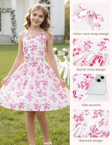 GRACE KARIN Girls Floral Summer Dress Spring Holiday Beach Party Sundress Halter Neck Tie Backless Dresses 7-16 Years thumbnail 4