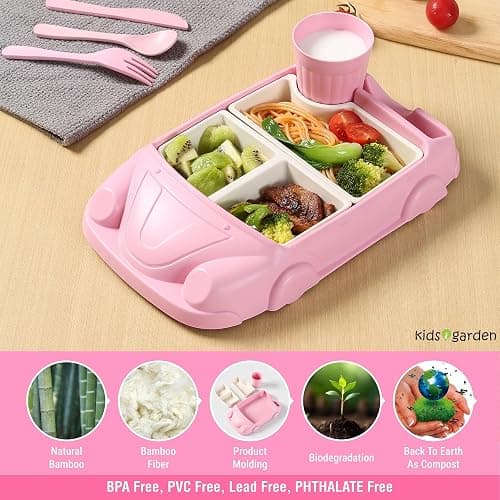 Kids garden Car Plate 8Pcs/Set Bamboo Children Dinnerware Sets - Dishwasher/Microwave Safe Includes Cutlery, Beautiful Plate, Separable Bowls & Cup Happy MealTime, Pink thumbnail 7