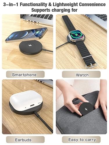 3 in 1 Magnetic Wireless Charging Station, 15W Fast Charger Compatible with iPhone 17/16/15/14/13/12 Series, Apple Watch 9-2/SE, AirPods Pro 3/2/1, for Bedside Desk Travel Home Office (Black) thumbnail 6
