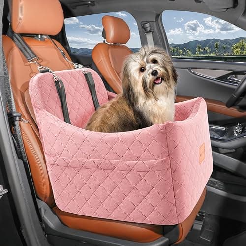 INDYBUD Dog Car Seats for Small Medium Dogs, Portable Detachable Washable Puppy Car Seat for Dog Up to 35lbs, Pet Booster Seat with Storage Pockets and Safety Belt (Pink, Medium) thumbnail 7