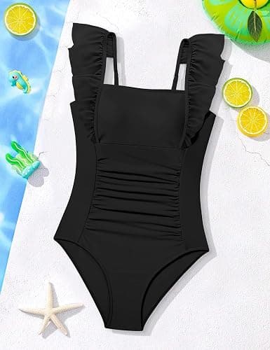 NECIOUS Girls Swimsuit Ruffle Adjustable Straps One Piece Bathing Suit Solid Color Ruched Girls' Swimwear 9-16Y thumbnail 4