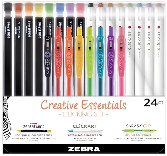 Zebra Pen Creative Essentials Clicking Set 24-Pack, Includes 8 ClickArt Markers, 8 Colored Pencils and 8 Sarasa Clip Retractable Gel Pens, Assorted Ink Colors (76124) - Image 1