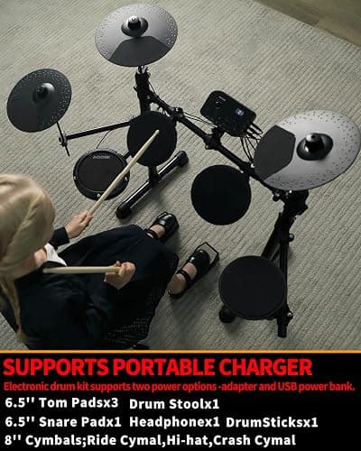 AODSK Electric Drum Set for Beginner Kids with 150 Sounds,4 Quiet Drum Pads,2 Pedal,Throne,Sticks,Electronic Drum with Headphone,AED-400 thumbnail 2