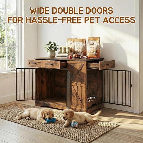 Large Dog Crate Furniture with Storage, Indoor Dog Kennel with 3 Drawers & 2 Feeding Bowls, Furniture Style Wooden Dog Crates for Large/Medium Dogs thumbnail 3