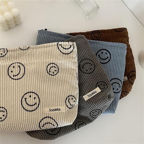 Gardsell Cosmetic Bags for Women - Corduroy Cosmetic Bag Aesthetic Women Handbags Purses Smile Dots Makeup Organizer Storage Makeup Bag Girls Case Bags (A-Beige) thumbnail 6