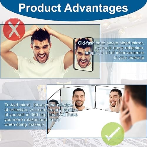 LMZNXCZ 3 Way Mirror for Self Hair Cutting,360 Haircuts Men for Barber Use Tools,to See Back of Head,Tri Fold Mirror with Portable Height Adjustable Telescoping Hooks thumbnail 6