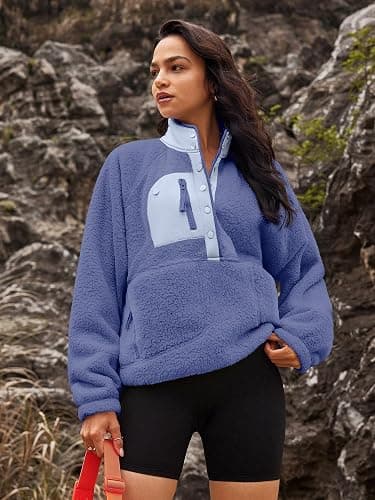 Nirovien Womens Fleece Pullover Long Sleeve Sherpa Jacket Button Down Fuzzy Sweatshirt Warm Outwear with Pockets thumbnail 3