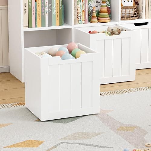 FOTOSOK Toy Storage Organizer with 3 Movable Drawers, Toy Organizer with Hidden Wheels and 5 Open Cubbies, Multifunctional Floor Storage Chest for Playroom, White thumbnail 5