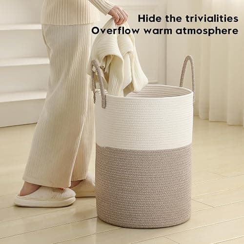 Laundry Basket Hamper Tall Rope Storage Woven for Blanket Toys Dirty Clothes in Living Room Bathroom Bedroom White & Brown 60L/15.8Gal thumbnail 3