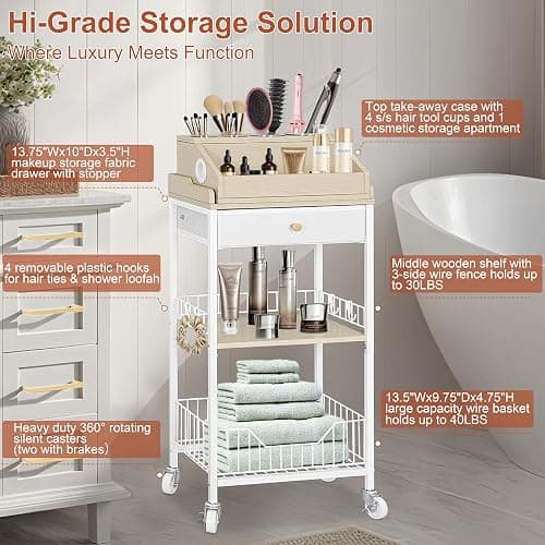 NauwaBarn Makeup Organizer Cart with Removable Cosmetic Display Case, Large Makeup Cart with Drawer and 4 SS Tool Cups, 2-in-1 Vanity Organizer for Skincare Perfume Nail Polish Brush, White & Natural thumbnail 4