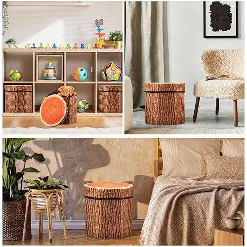 Amylove 3 Pack Tree Stump Storage Stool 12 x 12 Inch Stool Ottoman, Cute Folding Storage Toy Box with Foam Cushion, Collapsible Seat Chest (Classic) thumbnail 7