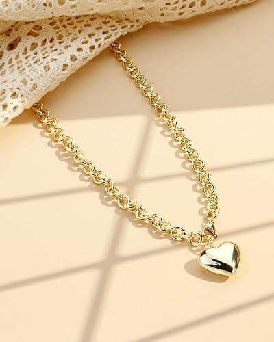 TEN MIRO 16k Gold Plated Chunky Gold Plated Necklace for Women Non Tarnish, 36'' /92cm Long Chunky Heart Necklace layered Puffy Heart Necklaces Long Thick Pendant Bold Statement Necklaces for Women Trendy thumbnail 9
