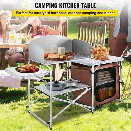 VEVOR Camping Kitchen Table, Aluminum Portable Folding Camp Cook Station with Windscreen, Cupboard, Storage Organizer, Carrying Bag, Quick Installation for Outdoor Picnic Beach BBQ RV Traveling, Brown thumbnail 3