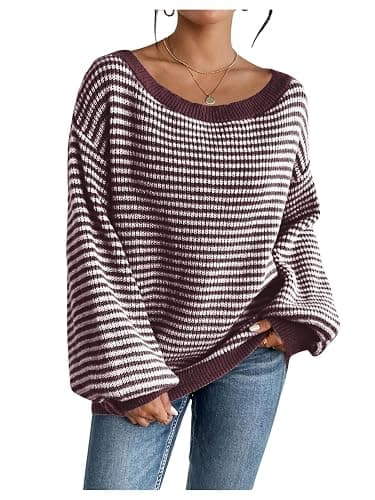 SOLY HUX Women's Off The Shoulder Striped Sweaters Oversized Long Sleeve Knit Pullover Tops - Image 1