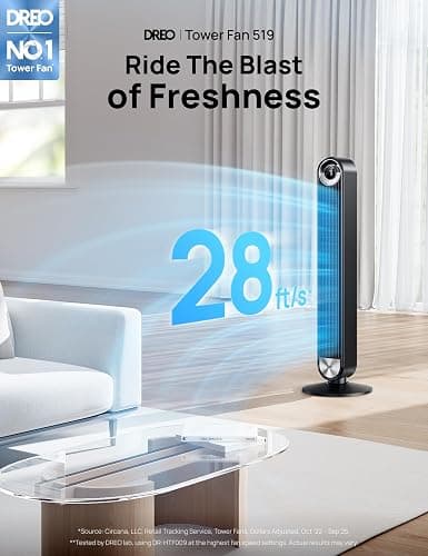DREO Tower Fan for Bedroom, Upgraded DC 9 Speeds 20dB Ultra-Quiet Floor Fan, 90° Oscillating Fans with 28ft/s Velocity, 12H Timer, Standing Fan, Bladeless Fan Powerful for Home, Black thumbnail 3