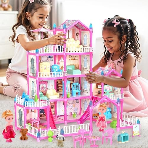 Pupu Pig Doll House Toys for Girls, Dollhouse with Glow in The Dark, Kids Doll House Playset with 4-Story 14 Play Areas, 2 Dolls, Toy Dogs, Dollhouse Accessories and Furniture, Princess Toy Gifts thumbnail 7