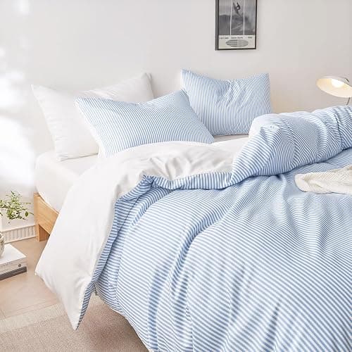Wake In Cloud - Striped Comforter Set, Ticking Stripe Vertical Pinstripe Neutral Farmhouse Pattern Printed, Soft Lightweight Bedding, 3 Pieces, Blue White, Queen Size thumbnail 4