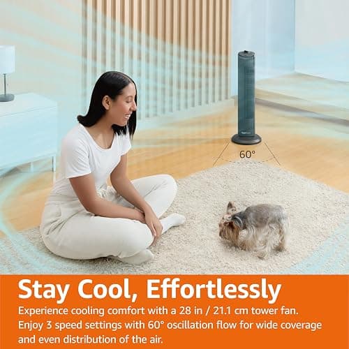 Amazon Basics 28" 60-Degree Oscillating Tower Fan for Bedroom, Living Room, Office, With 3 Speeds, Intuitive Mechanical Control, Black, 35W, 27.8"H x 9.4"D x 9.4"W thumbnail 5