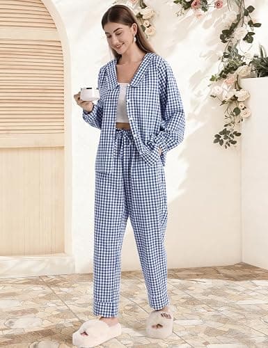 PEHMEA Women's Plaid Pajamas Set 2 Piece Cotton Gingham Sleepwear Puff Sleeve Scalloped Babydoll Shirt Lounge Pj Sets thumbnail 6