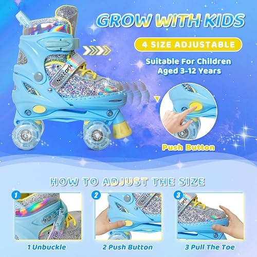 Nattork Kids Roller Skates for Girls Kids, 4 Sizes Adjustable Girls Roller Skates for Ages 3-12 with Light up Wheels & Safety Protection - Cool Birthday Gift for Indoor Outdoor Sports thumbnail 2