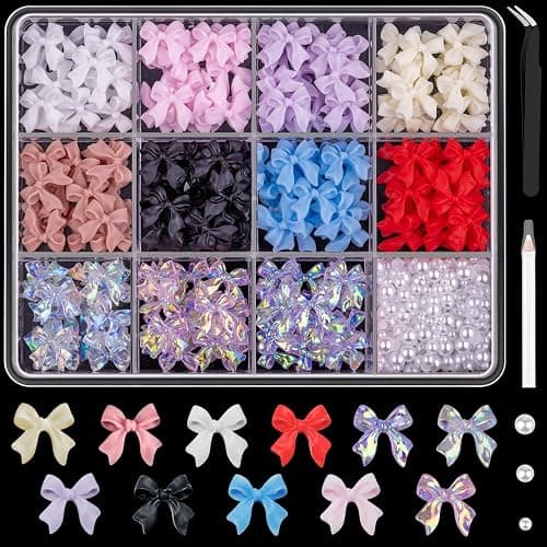 600 Pcs Bow Nail Charms and Flatback Pearls Set 2, 11 Colors Shiny Cute Bow Charms Nail Jewels and 2-4mm White Nail Pearls for Nail Art DIY Decoration with Pickup Tools - Image 1