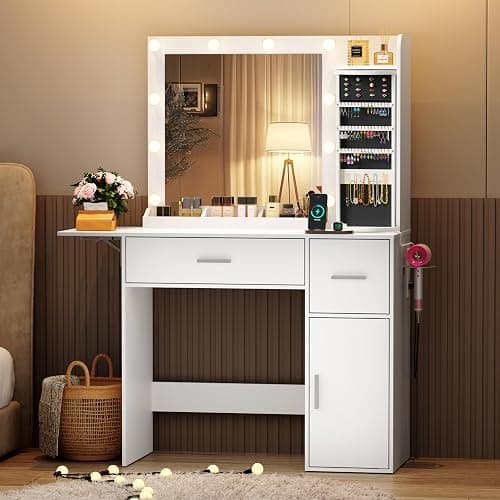 EasyCom Vanity Desk with Rotating Jewelry Organizers, Makeup Vanity with Mirror and Lights, Dressing Table with USB-C Charging Station, 2 Drawers and 1 Cabinets for Bedroom, Dressing Room, White thumbnail 4