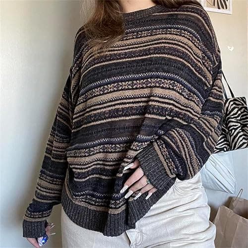Women Vintage Striped Pullover Sweater Y2k Long Sleeve Crew Neck Loose Knit Sweaters Fall Winter Knitwear thumbnail 4