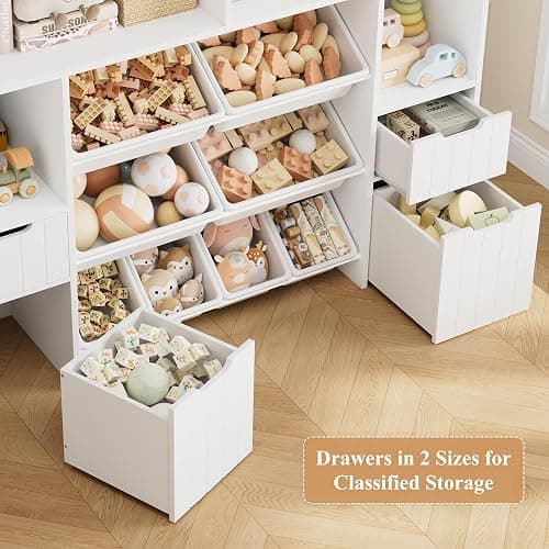 HORSTORS 55" W Toy Storage Organizer with Drawers, Large Kids Toy Storage Box with Removable Bins, Tall Kids Bookshelf and Bookcase for Boys and Girls, Modern Toy Chest for Playroom, Classroom, White thumbnail 5