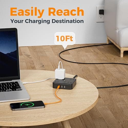 Surge Protector Flat Extension Cord 10FT, TESSAN Flat Plug Power Strip with 4 Outlets 3 USB Ports (1 USB C), 900 Joules Protection, Multiple Wall Outlet Extender Suitable for Home Office Dorm, Black thumbnail 5