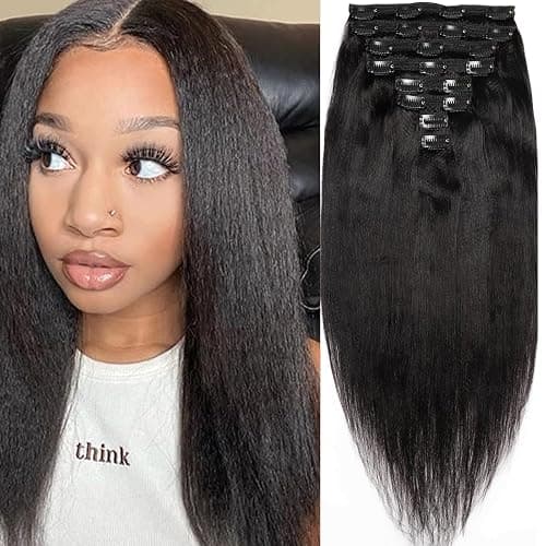 Yaki Straight Clip in Hair Extensions, 120G Full Head Real Human Hair Clip for Women Seamless Yaki Clip ins Hair Extensions for Thin Hair Natural Black 8Pcs Hair Pieces with Secure Clips (14inch-120g) - Image 1