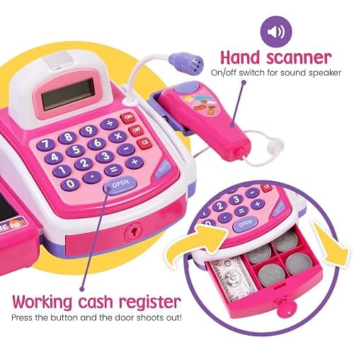 Prextex Pretend Play Store Electronic Toy Cash Register for Kids - STEM Toy with Mic Speaker and Play Money Included thumbnail 3