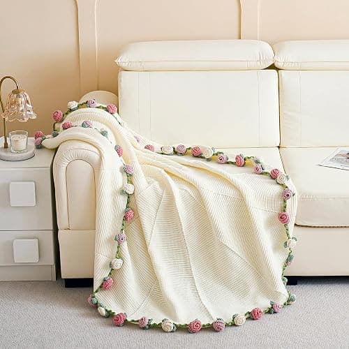 Crochet Flower Bouquet Throw Blanket, Handmade Knitted Blanket with Rose Flowers, Cute Romantic Gift for Her Girlfriend Mom Mother’s Day Valentine Wedding Anniversary Birthday, Pink and White thumbnail 3