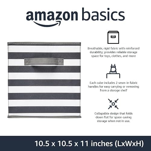 Amazon Basics Collapsible Fabric Storage Bins with Handles, Cube Organizer for Home Organization, 10.5"x10.5"x11", White/Light Grey Stripe, 6-Pack thumbnail 4