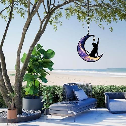 Halloween Black Cat Moon Decor Witchy Gifts for Women | Cat Lovers Friends Teen Girls Stained Glass Window Hanging Ornament Gifts For Christmas Halloween Decorations (Purple) thumbnail 7
