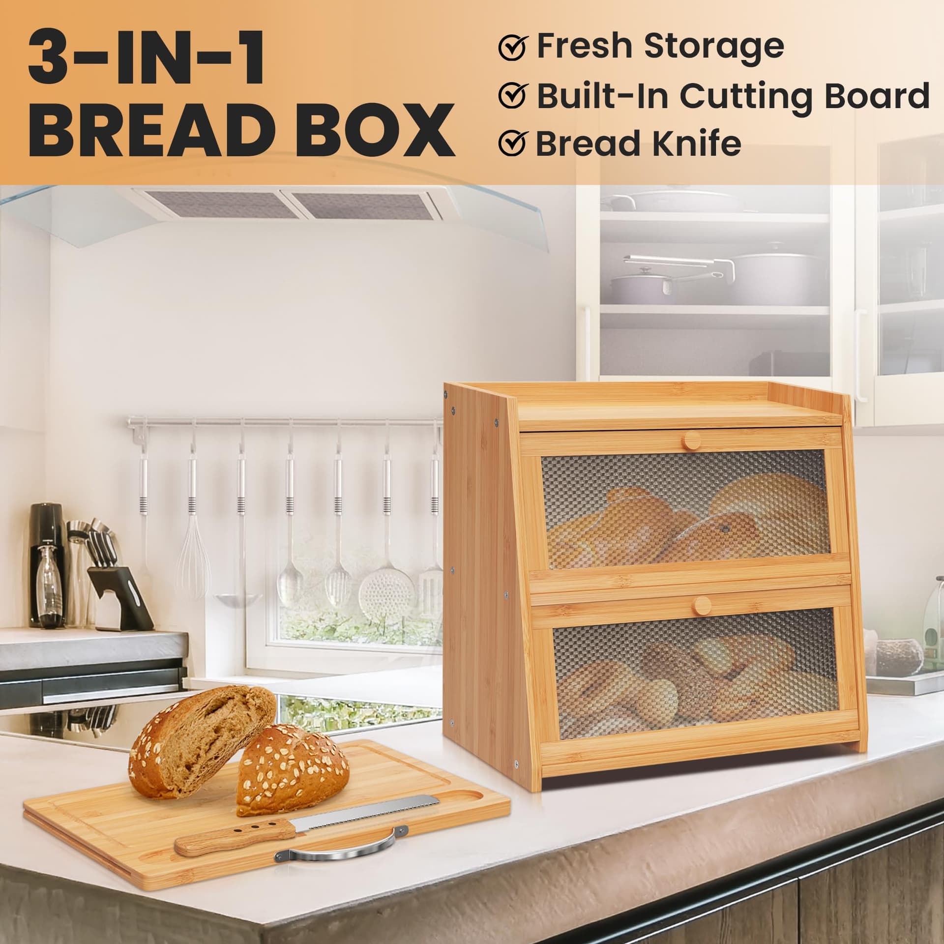 BLANCE Bread Box for Kitchen Storage & Organisation, Bamboo Breadbox Bread Bin Bread Storage With Cutting Board & Bread Knife, Large Size Bread Box with Acrylic Door thumbnail 3