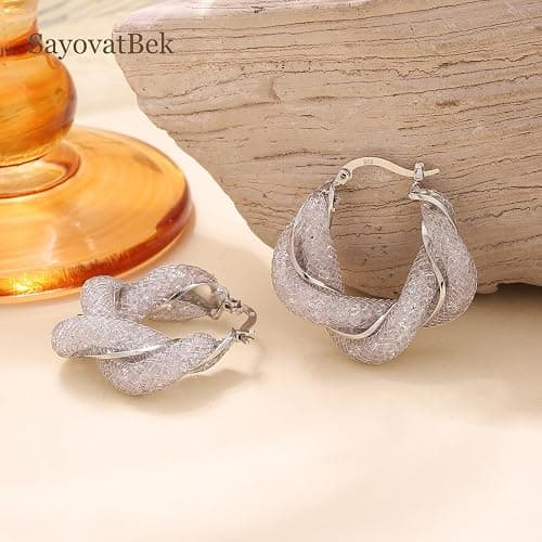 SayovatBek 14K Gold Plated 25–33mm Mesh Hoop Earrings for Women, Cubic Zirconia, 925 Sterling Silver Post, Hypoallergenic Jewelry thumbnail 4