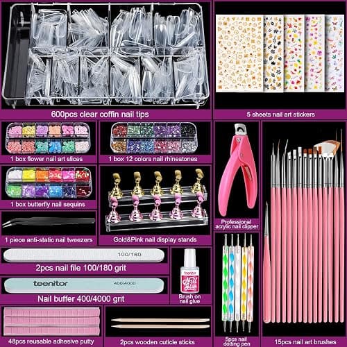 Teenitor Acrylic Fake Nails Kit, Press On Nail Supplies with Clear Coffin Nail Tips Nail Stand Nail Art Brushes Dotting Pen Glitter Sequins Sticker Rhinestones Nail Decorations Press On Nails Kit thumbnail 6