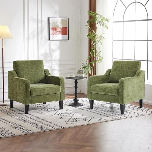 VINGLI Accent Chairs Set of 2, Modern Traditional Armchair for Living Room | Olive Green Reading Chair for Bedroom, Chenille Upholstered Sofa Chairs, Comfy Chair for Small Space, Apartment, Waiting Room - Image 1