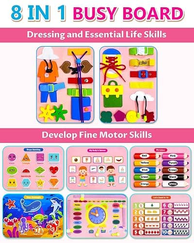 Exorany Busy Board Montessori Toys for Toddler Girl & Boy Birthday Gifts, Busy Book Learning Sensory Toys for Toddlers, Toddler Travel Toy Educational Activities Learn Fine Motor Skills thumbnail 3
